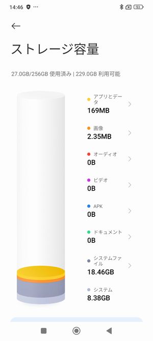 初回起動直後のストレージ空き容量は229GB