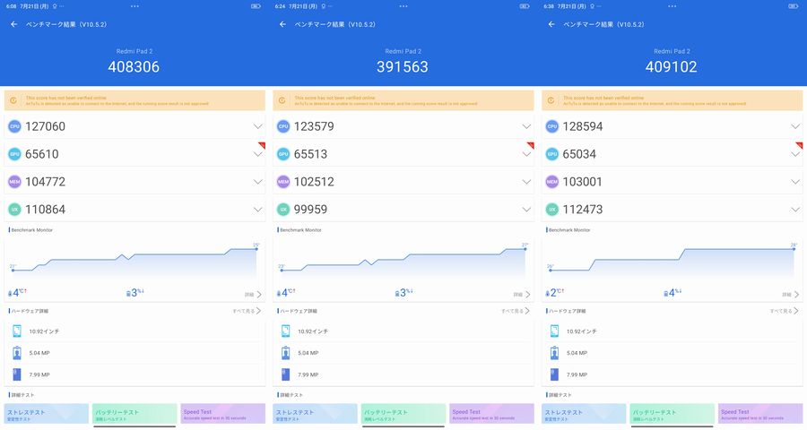 「REDMI Pad 2」の実測AnTuTuベンチマークスコアはおよそ40万