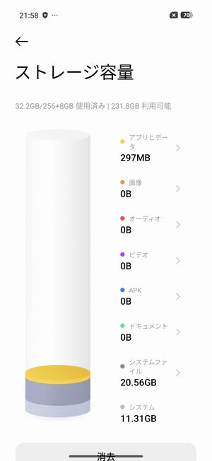 初回起動直後のストレージ残量は231.8GB