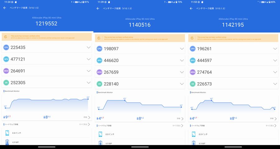 「iPlay 80 mini Ultra」の実測AnTuTu V10ベンチマークスコアは約116万