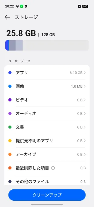 初回起動直後の空き容量は約102.2GB